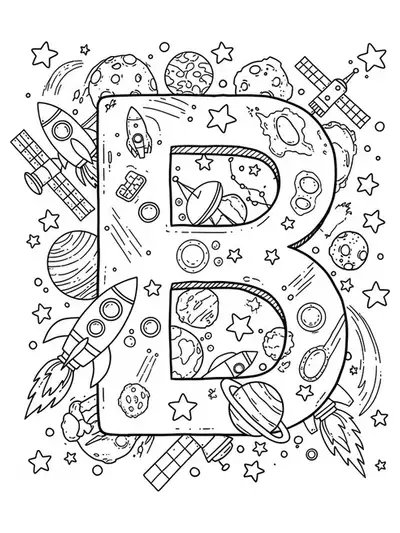 Letter B with rocket ships, planets, satellites, and stars surrounding and inside it.