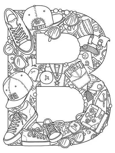 Letter B decorated with street fashion items like sneakers, hats, necklaces, and sunglasses.