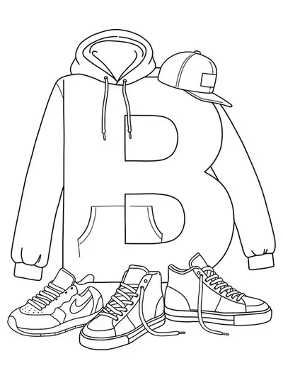 Letter B coloring page with outlines of hoodies, sneakers, and baseball caps around the letter.