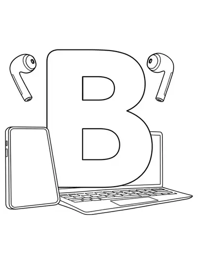 Simple letter B coloring page with outlines of a smartphone, laptop, and earbuds around the letter.