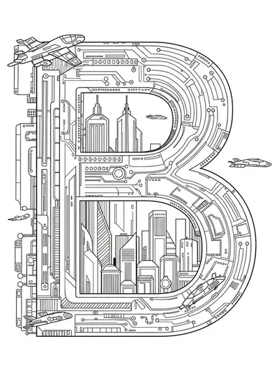 Letter B with futuristic skyscrapers, circuit board lines, and tiny flying cars in and around the letter.
