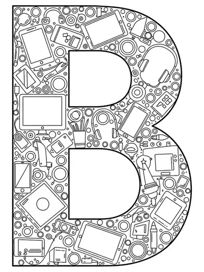 Letter B with technology gadgets in simple outlines, adult coloring.