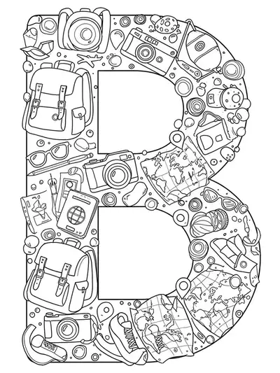 Letter B surrounded by travel items like backpacks, passports, cameras, and world maps.