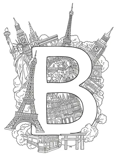 Letter B with intricate world travel landmarks for teen coloring