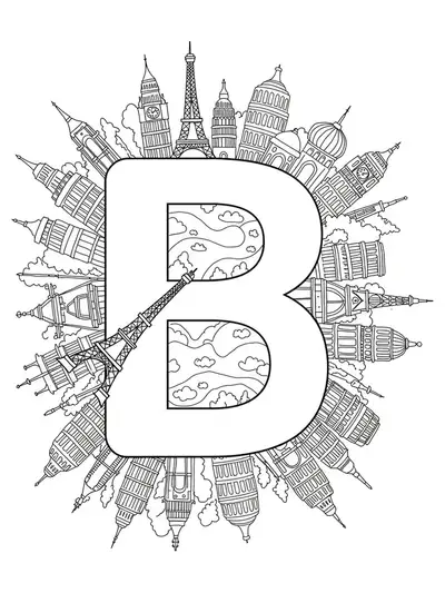 Easy letter B with famous travel landmarks for adult coloring.