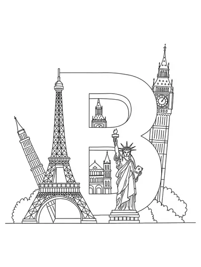 Letter B coloring page with outlines of Eiffel Tower, Statue of Liberty, and Big Ben.