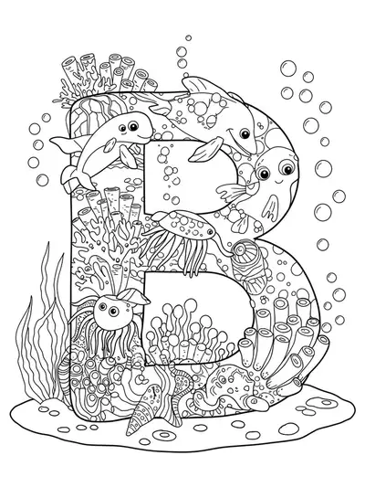 Letter B surrounded by detailed underwater sea creatures, coral, seaweed, and bubbles for coloring.