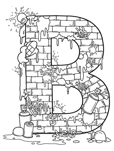 Letter B with graffiti-style splatters, bricks, and spray paint motifs integrated into the design.