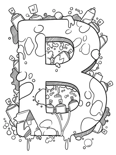 Letter B coloring page with simple graffiti, paint splashes, and spray cans in easy outlines.