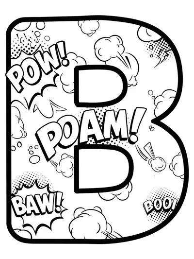 Letter B coloring page with comic book bubbles and retro POW! BAM! effects in simple outlines.