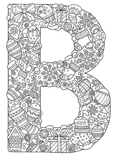 Letter B filled with intricate snowflakes, winter trees, mittens, and holiday decorations for coloring.