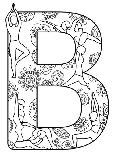 Adult coloring page with letter B and simple yoga poses, easy to color.