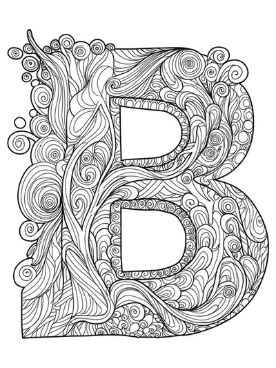 Adult coloring page with letter B surrounded by abstract zen doodle patterns and shapes.