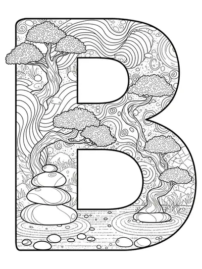 Letter B surrounded and formed by complex Zen garden stones, raked sand, and bonsai branches for hard adult coloring.