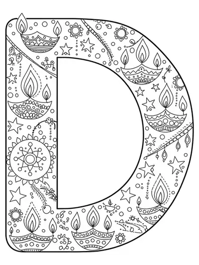 Letter D with traditional Diwali lamps, stars, and festive patterns, designed for preschoolers.