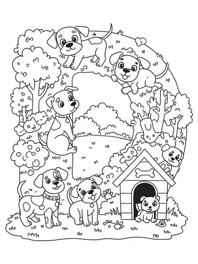 Letter D with playful dogs, a doghouse, and park scenery, designed for preschool coloring fun.