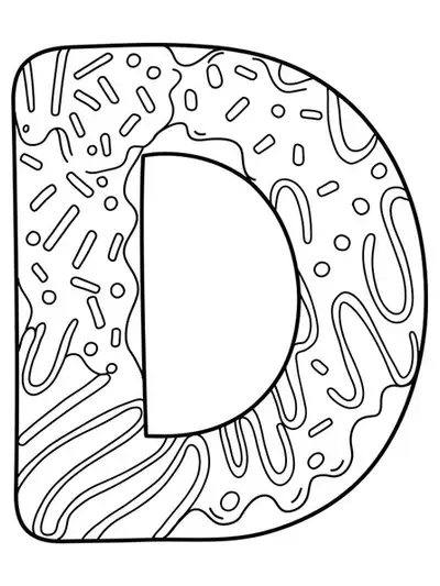 Letter D with donuts, sprinkles, and frosting details, perfect for preschool coloring fun.