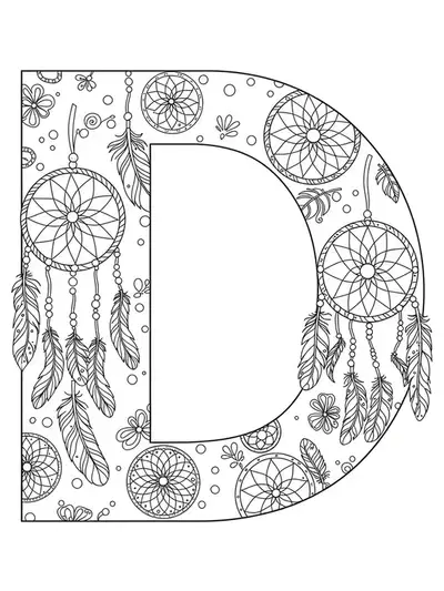 Easy coloring page with the letter D decorated with simple dreamcatchers and hanging feathers in a bohemian style.