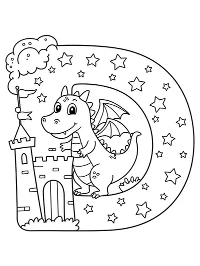 Letter D with a smiling dragon, a castle in the background, and twinkling stars, designed for preschool kids.
