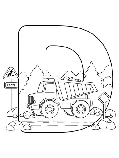 Letter D with a dump truck, rocks, and road signs, ideal for preschool vehicle fans.