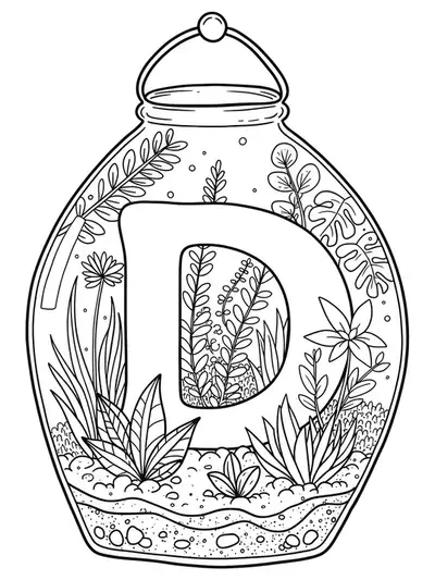 Complex Letter D coloring page with detailed botanical terrarium plants and glass container designs for teens.
