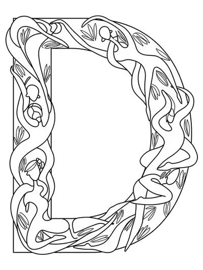 Easy adult coloring page of letter D with dance silhouette illustrations