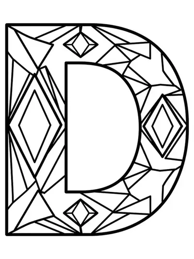 Easy adult coloring page of letter D with decorative diamond shapes
