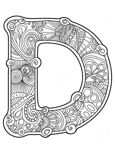 Easy adult coloring page of letter D with decorative door illustrations