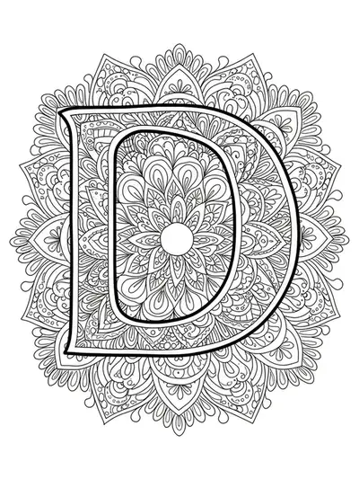 Easy adult coloring page of letter D with mandala designs