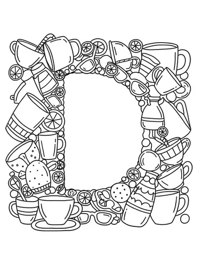 Easy adult coloring page of letter D with drink illustrations