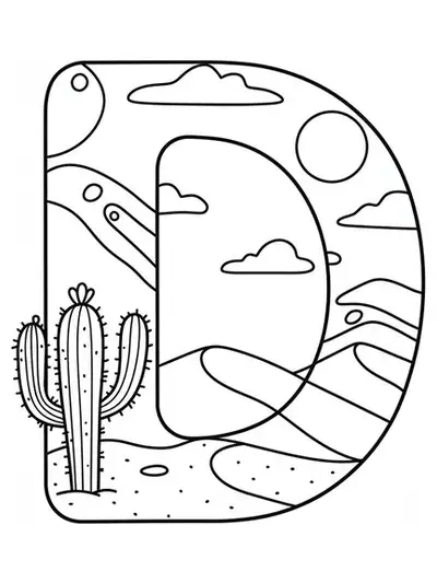 Easy coloring page for adults of letter D with desert landscape elements