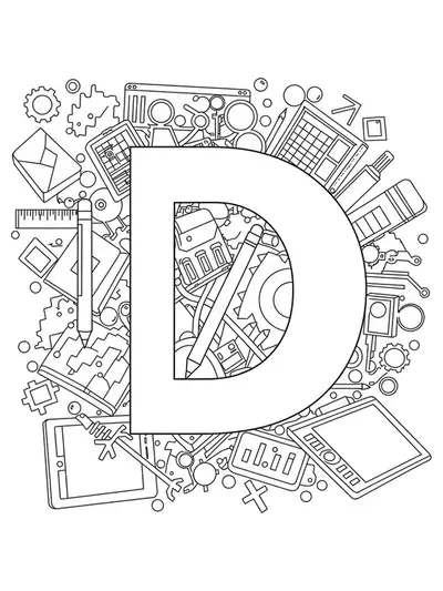 Letter D with digital art supplies and technology motifs for teens to color.