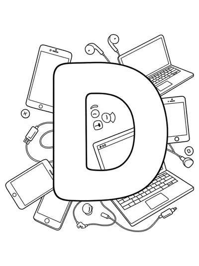 Easy adult coloring page of letter D with digital gadget illustrations