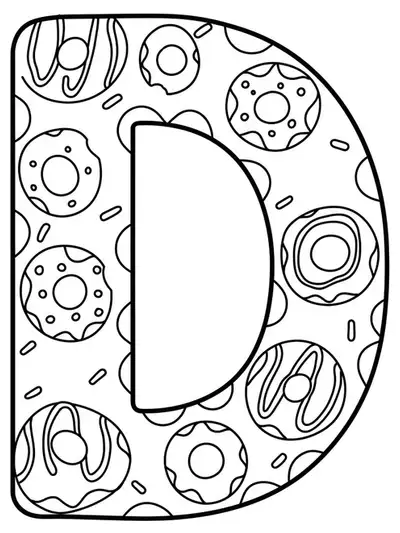 Easy adult coloring page of letter D with simple donut patterns