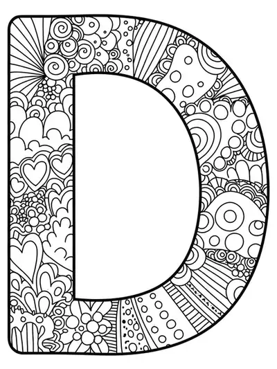 Easy adult coloring page of letter D with simple doodle patterns