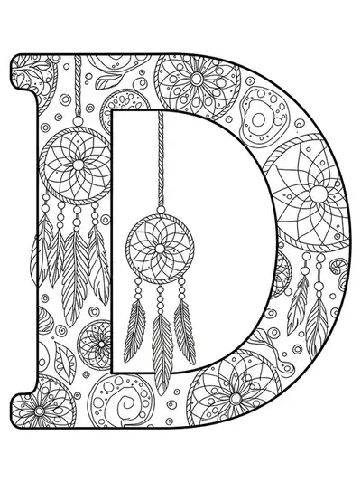 Easy adult coloring page of the letter D with dreamcatcher patterns