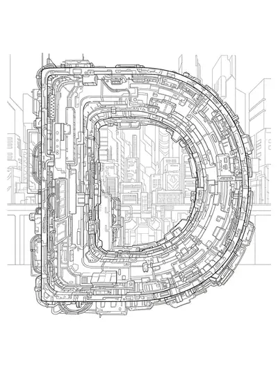 Intricate Letter D coloring page with cyberpunk cityscape, neon signs, and futuristic buildings for teens.