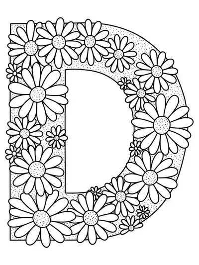 Easy coloring page with a large letter D and several big daisies, suitable for young children.