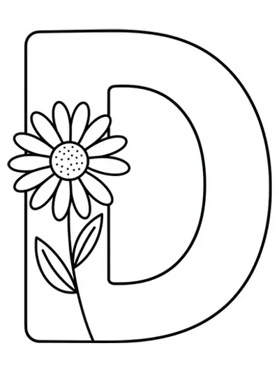 Large letter D and a simple daisy flower, easy outline for preschool coloring.