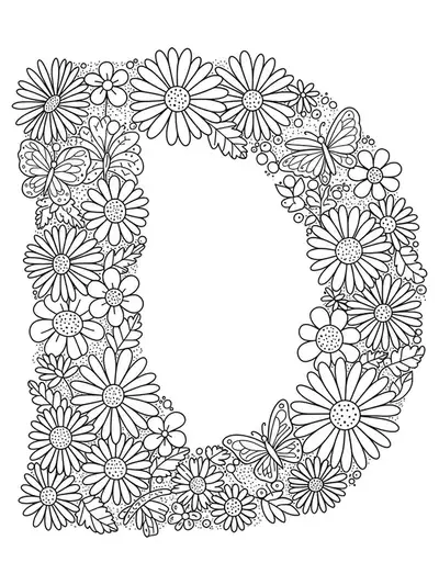 Letter D decorated with daisies, leaves, and butterflies, suitable for elementary coloring.