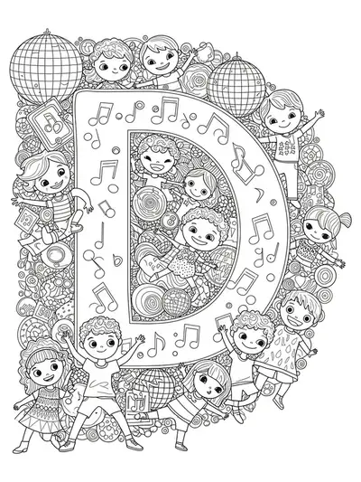 Intricate letter D design showing dancers, music notes, and dance floor patterns for coloring.