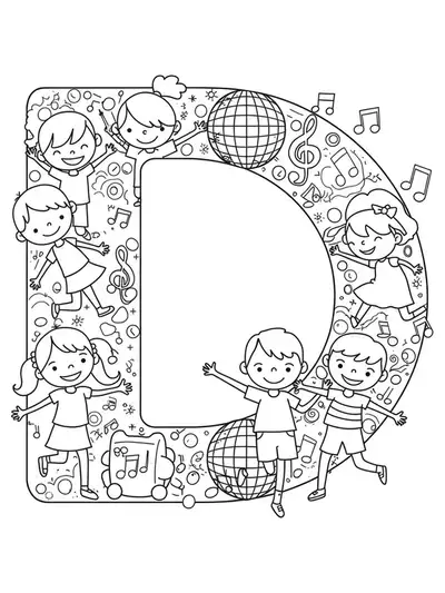 Letter D with children dancing, musical notes, and disco ball, medium level for elementary.