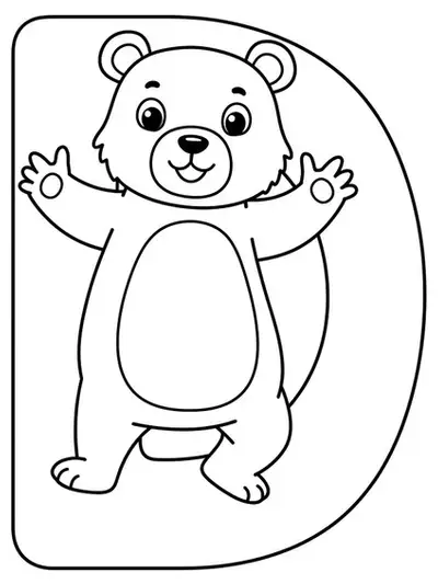 Large letter D and a cartoon bear dancing, simple outline for preschool coloring.