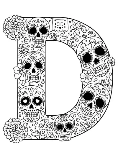 Letter D in Day of the Dead theme with sugar skulls and floral patterns for kids to color.