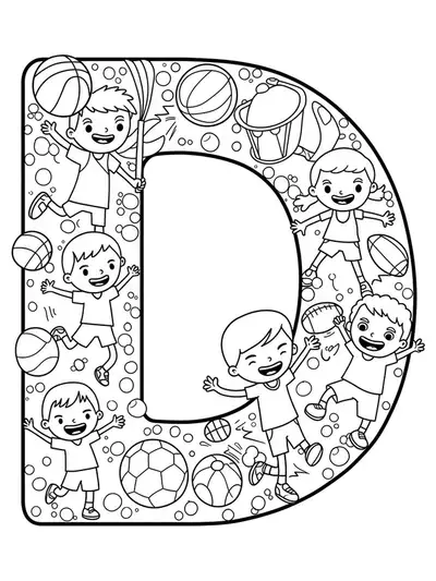 Letter D with sports equipment, action poses, and crowd scenes for intricate coloring.