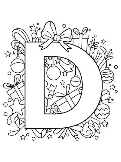 Coloring page showing a big letter D decorated with stars, ribbons, and ornaments, easy for kids to color.