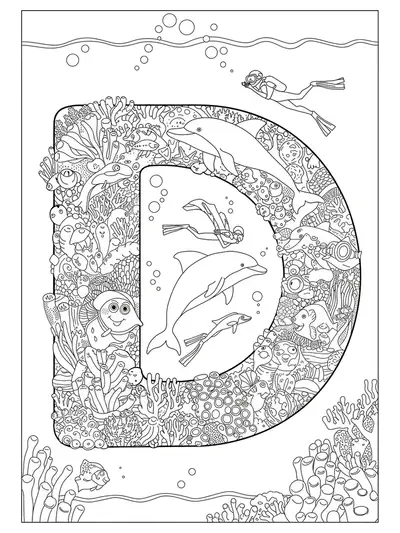Letter D filled with detailed sea creatures, divers, and ocean plants for coloring.