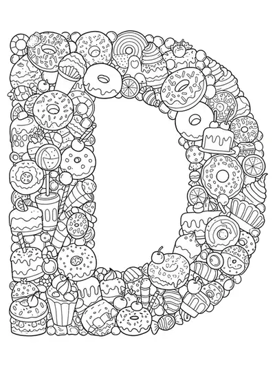 Highly detailed letter D with desserts like donuts and cupcakes, designed for kids to color.
