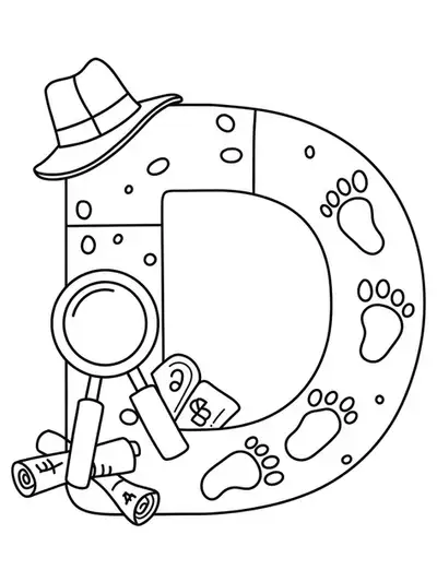 Letter D as a detective with hat, magnifying glass, and clues, medium complexity for children.