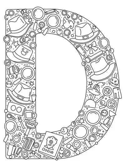 Letter D with detective-themed elements like magnifying glasses, clues, and hats for coloring.